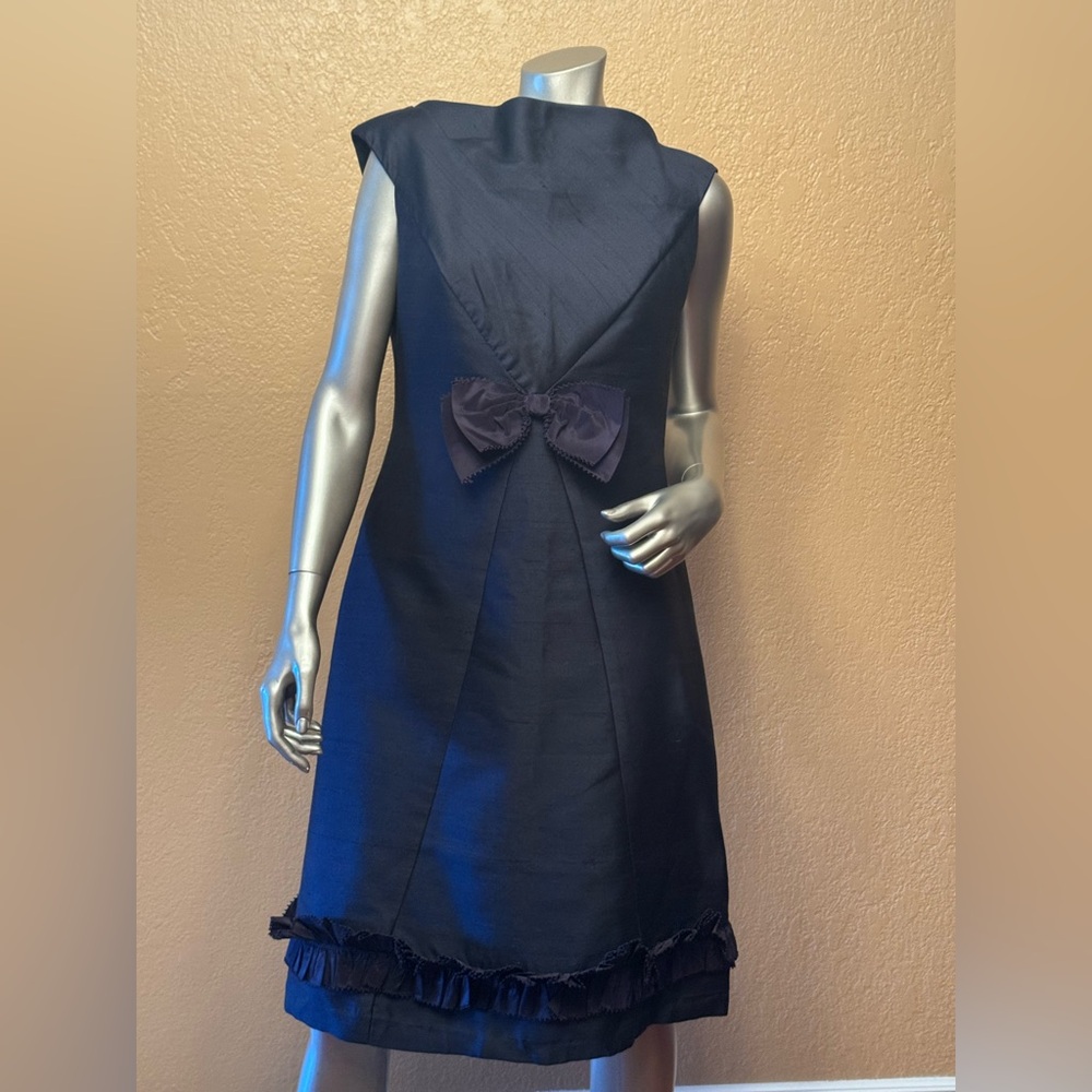 Oleg Cassini Vintage Unique Sleeveless Dress with Bow & Ruffle Navy Blue